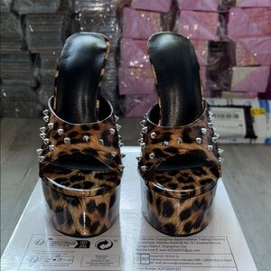 Leopard Print Platform Heels with Studs